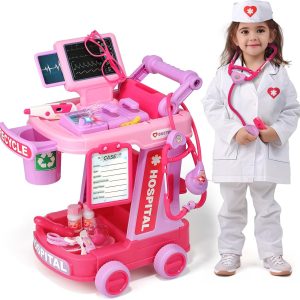 Liberry Doctor Kit for Toddlers Aged 2 3 4 5, Pretend Doctor Play Set for Kids with Cart, Costume and Stethoscope, Role Play Medical Toys for Girls Boys(Pink)